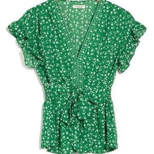 Max Studio Ruffle Cap Sleeve Tie Waist Floral Blouse